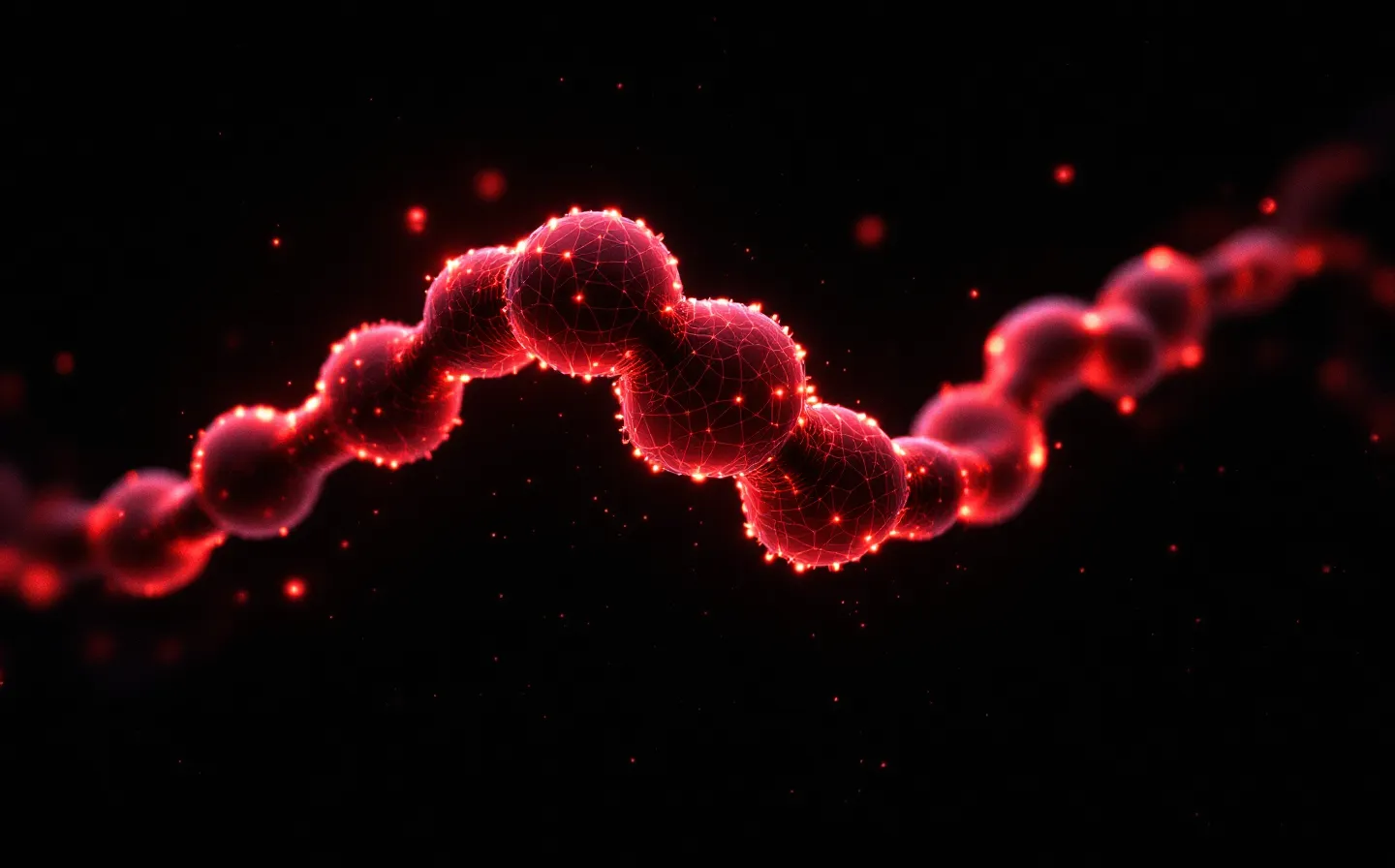 Abstract crimson wireframe illustration of a five-node ipamorelin peptide chain on a near-black field
